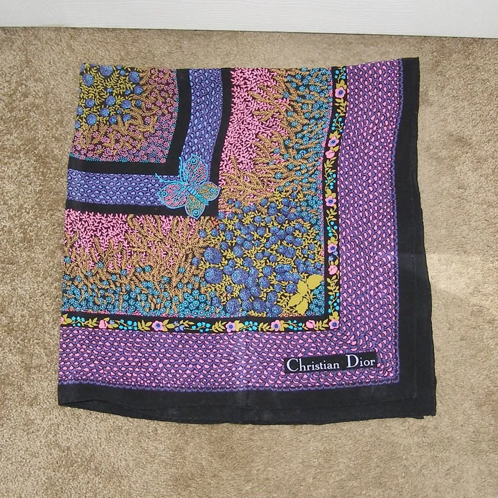 🪻🦋 AUTHENTIC Christian Dior Silk Scarf Flowers And Butteflies